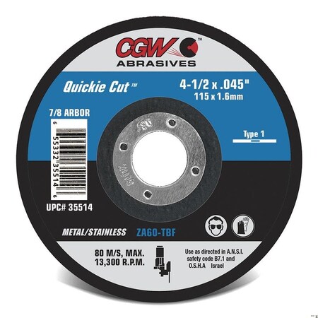 Cgw Abrasives Abrasive Cut-Off Wheel, Type 1, 5 in Dia, 0.04 in Thick, Zirconia Alumina, 60 Grit 45011